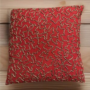 PIER 1 Pillow 15x15 Red Black Woven Black Tan Stripe Rope Piping Abstract Decor